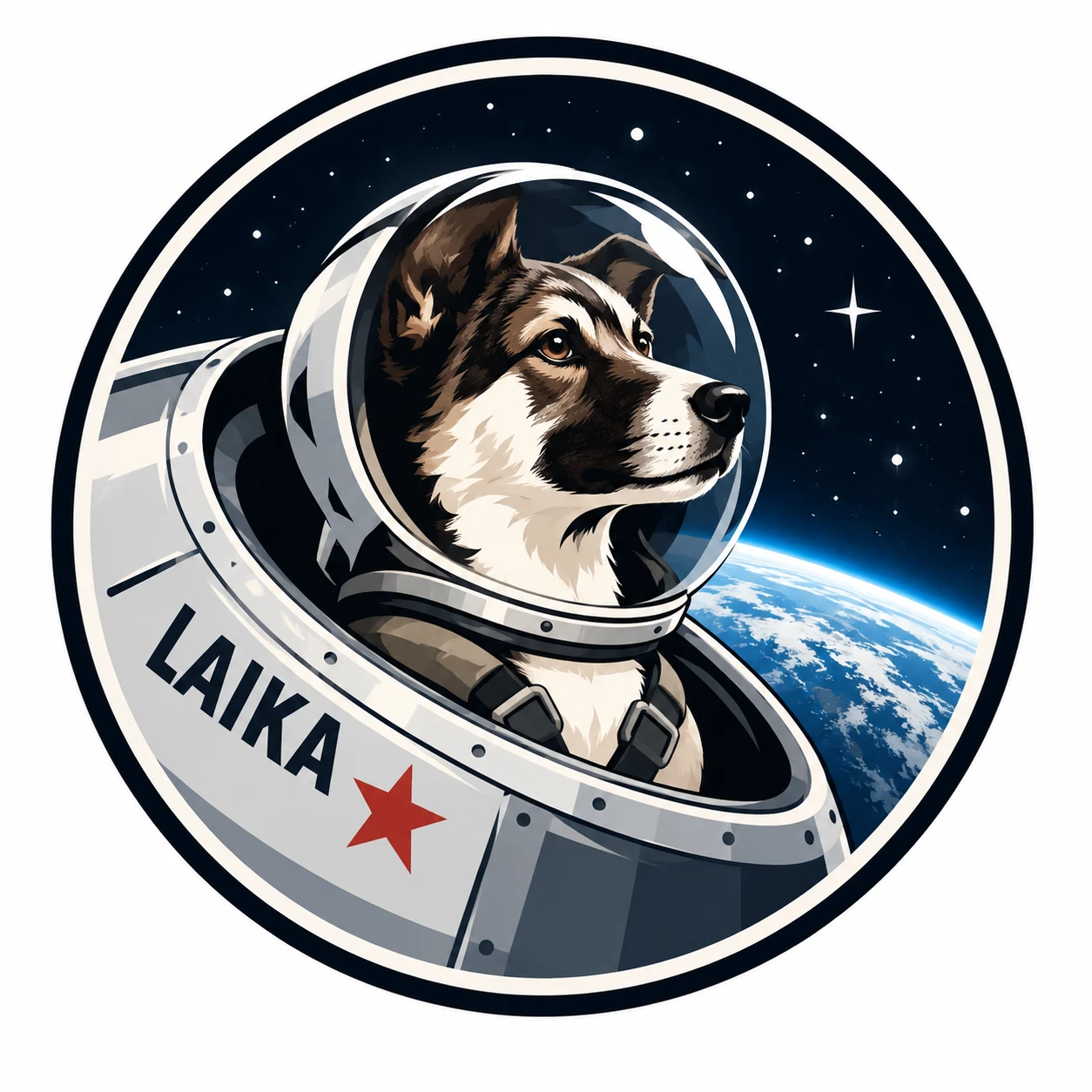 Laika in a space helmet, with Earth and stars in the background